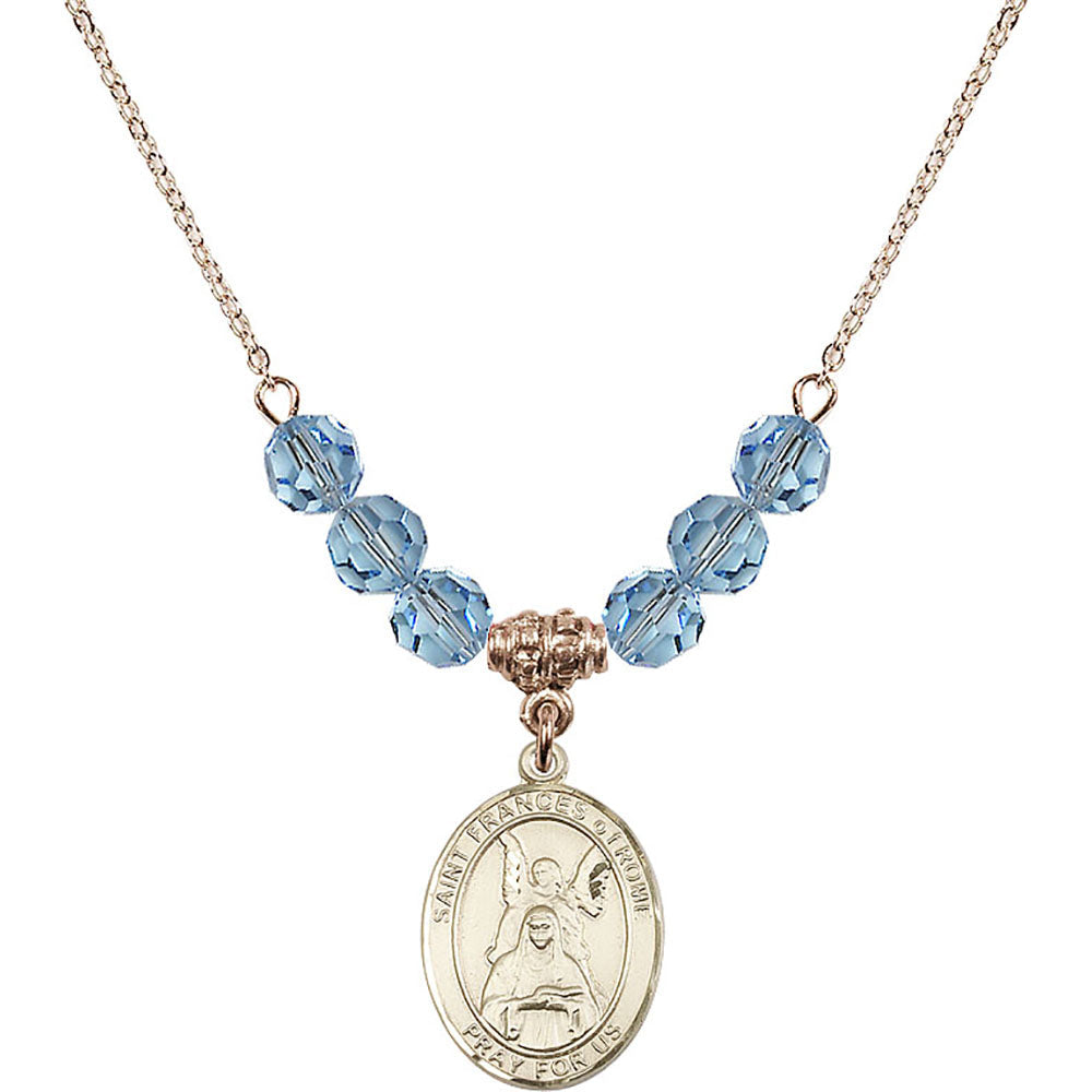 14kt Gold Filled Saint Frances of Rome Birthstone Necklace with Aqua Beads - 8365