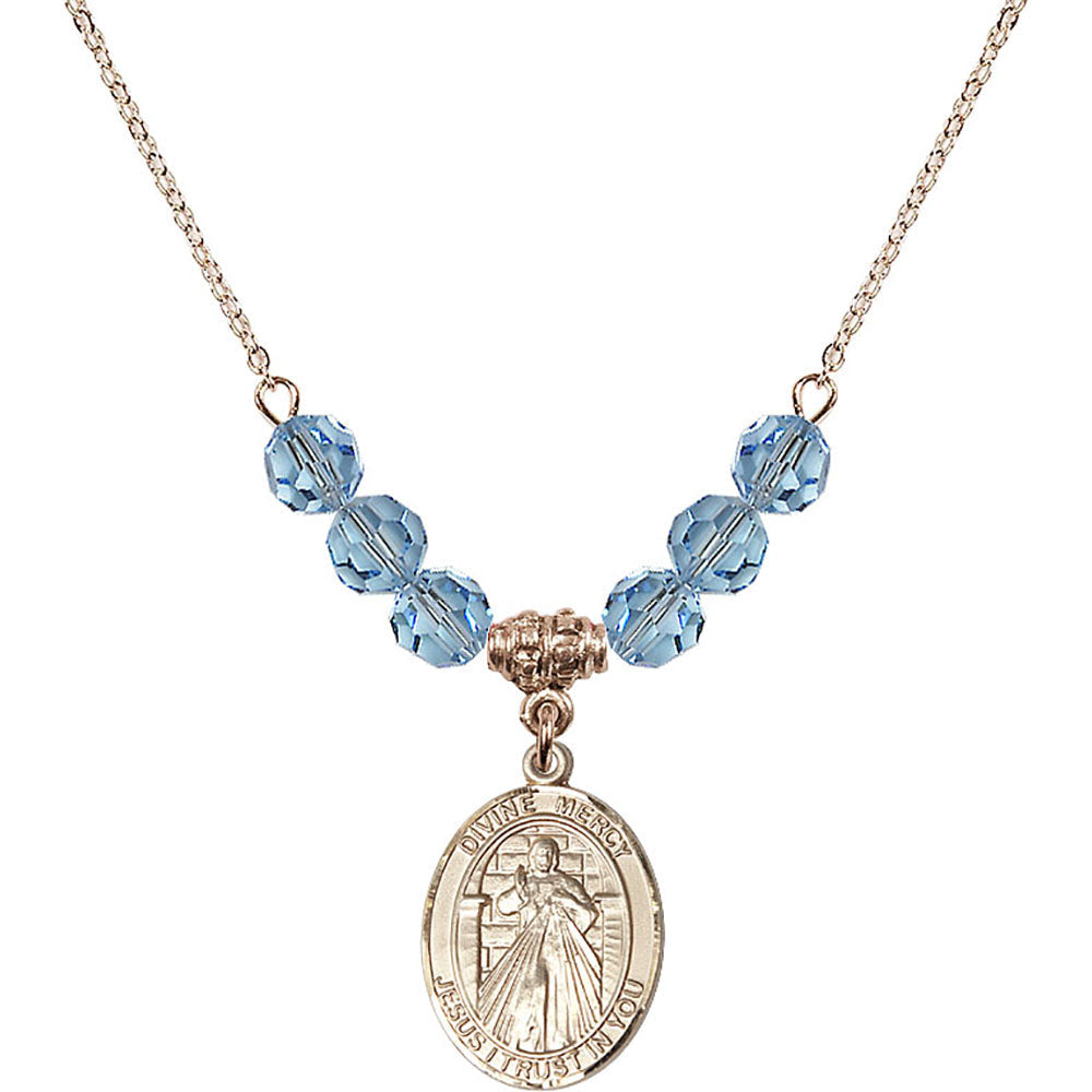 14kt Gold Filled Divine Mercy Birthstone Necklace with Aqua Beads - 8366