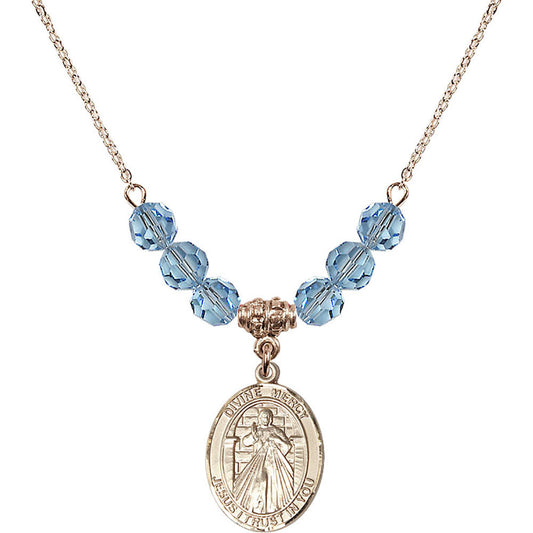 14kt Gold Filled Divine Mercy Birthstone Necklace with Aqua Beads - 8366