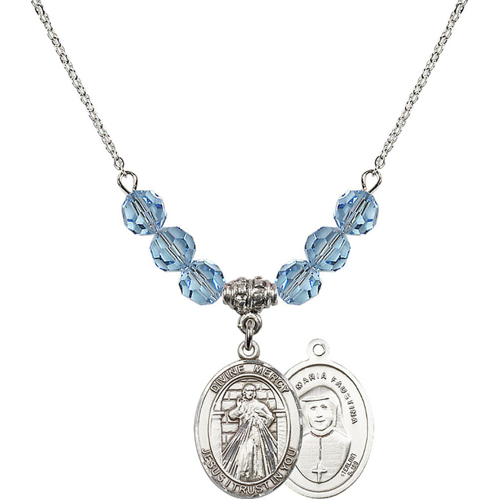 Sterling Silver Divine Mercy Birthstone Necklace with Aqua Beads - 8366