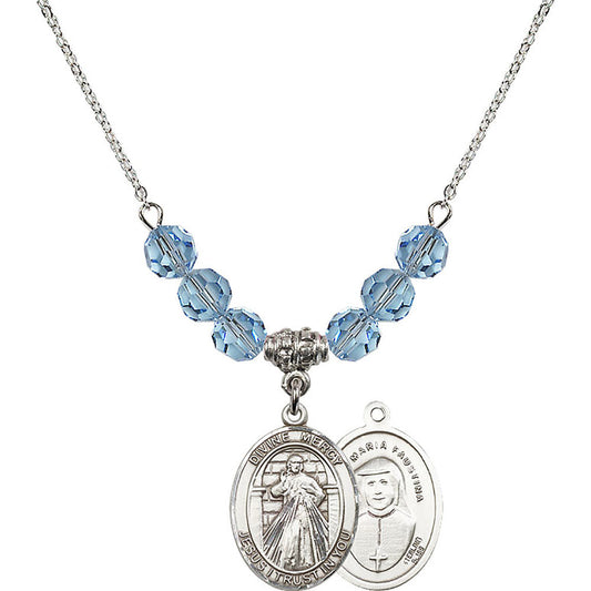 Sterling Silver Divine Mercy Birthstone Necklace with Aqua Beads - 8366
