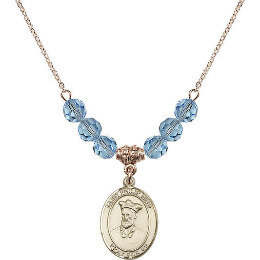 14kt Gold Filled Saint Philip Neri Birthstone Necklace with Aqua Beads - 8369
