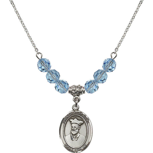 Sterling Silver Saint Philip Neri Birthstone Necklace with Aqua Beads - 8369