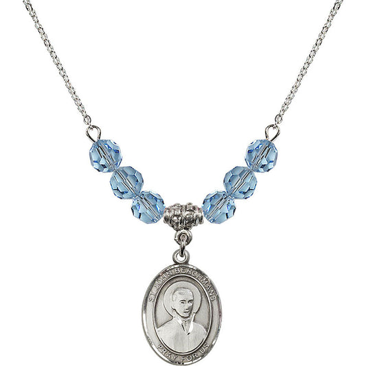 Sterling Silver Saint John Berchmans Birthstone Necklace with Aqua Beads - 8370