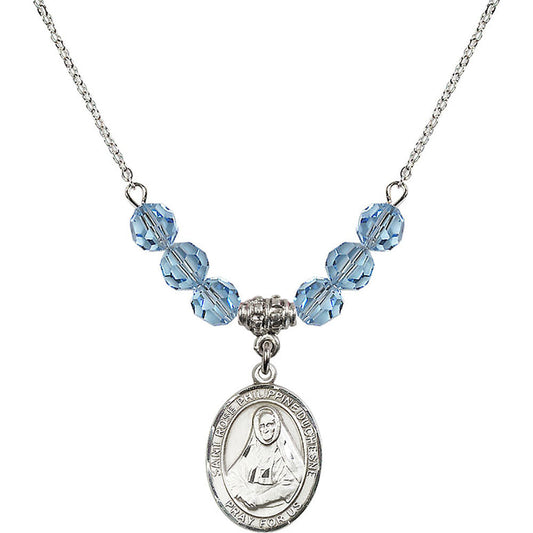 Sterling Silver Saint Rose Philippine Duchesne Birthstone Necklace with Aqua Beads - 8371