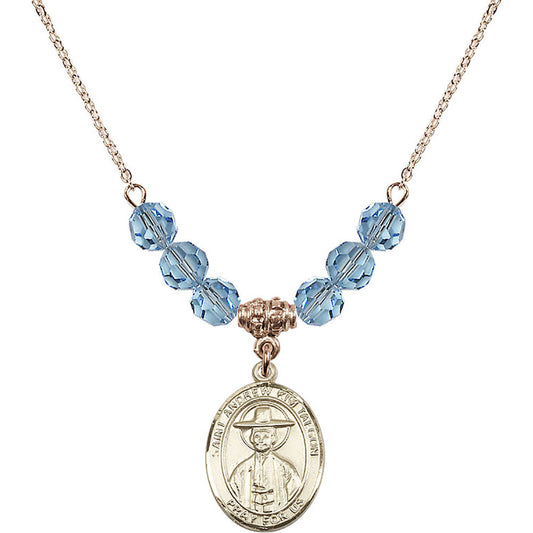 14kt Gold Filled Saint Andrew Kim Taegon Birthstone Necklace with Aqua Beads - 8373