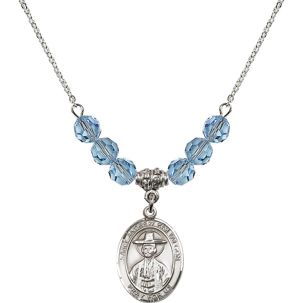 Sterling Silver Saint Andrew Kim Taegon Birthstone Necklace with Aqua Beads - 8373