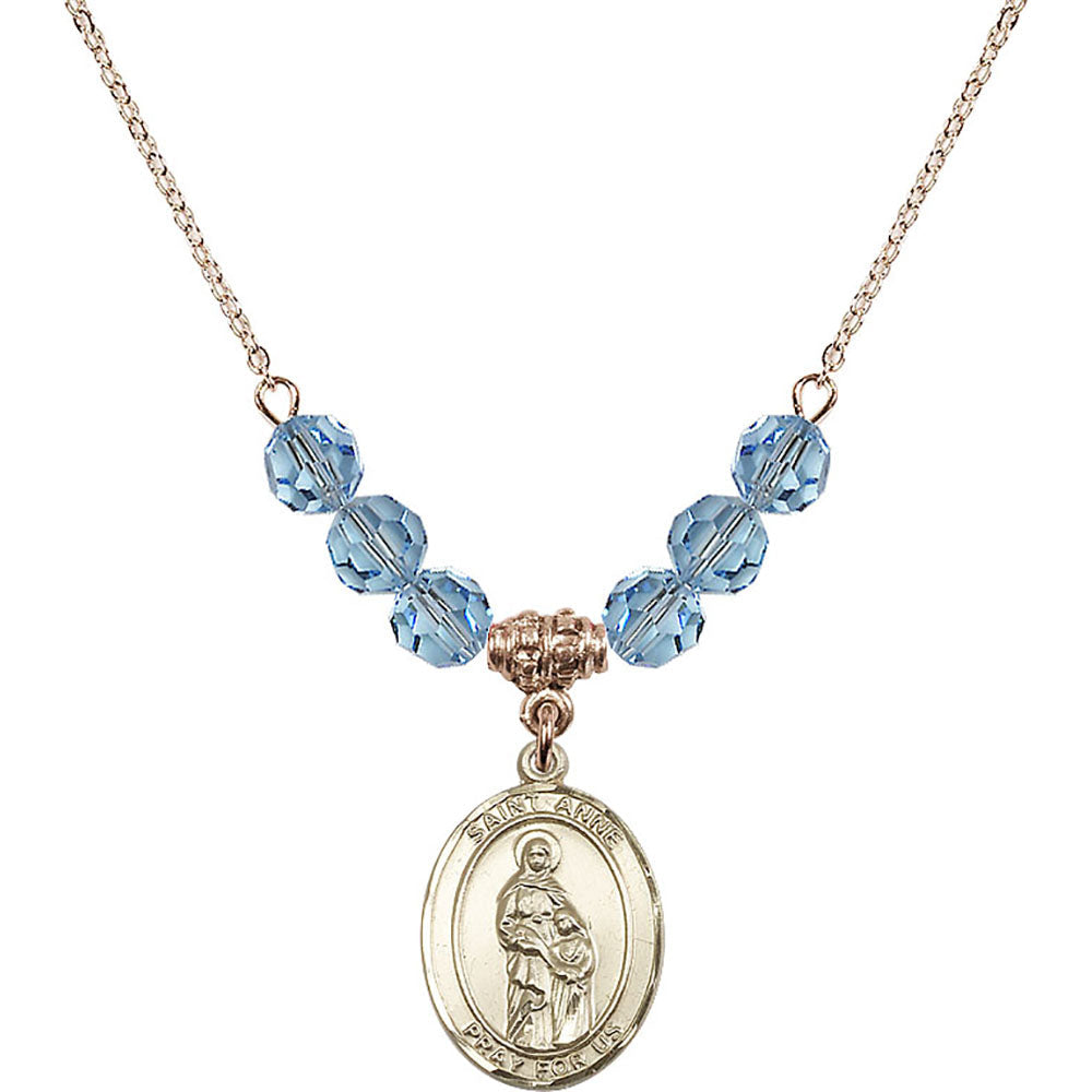 14kt Gold Filled Saint Anne Birthstone Necklace with Aqua Beads - 8374