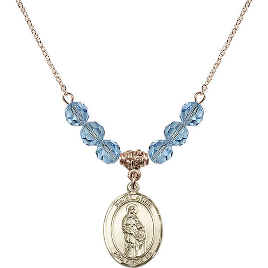 14kt Gold Filled Saint Anne Birthstone Necklace with Aqua Beads - 8374