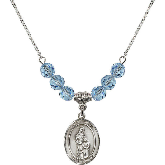 Sterling Silver Saint Anne Birthstone Necklace with Aqua Beads - 8374
