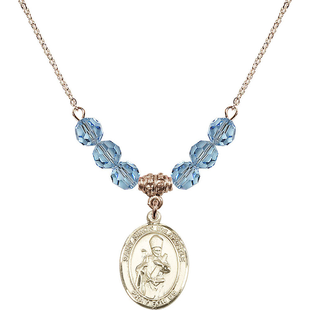 14kt Gold Filled Saint Simon the Apostle Birthstone Necklace with Aqua Beads - 8375