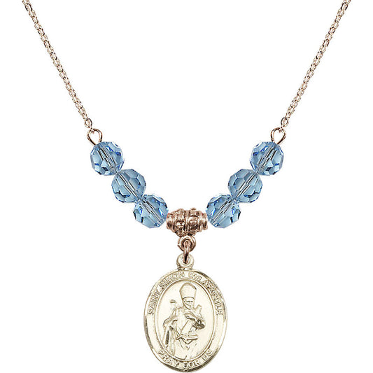 14kt Gold Filled Saint Simon the Apostle Birthstone Necklace with Aqua Beads - 8375