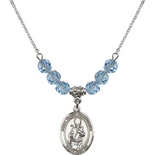 Sterling Silver Saint Simon the Apostle Birthstone Necklace with Aqua Beads - 8375