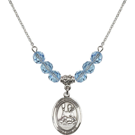Sterling Silver Saint Honorius of Amiens Birthstone Necklace with Aqua Beads - 8376