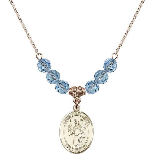 14kt Gold Filled Saint Uriel the Archangel Birthstone Necklace with Aqua Beads - 8378