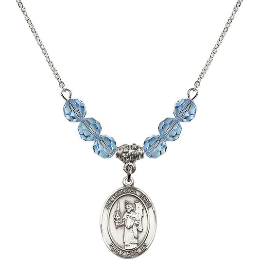 Sterling Silver Saint Uriel the Archangel Birthstone Necklace with Aqua Beads - 8378
