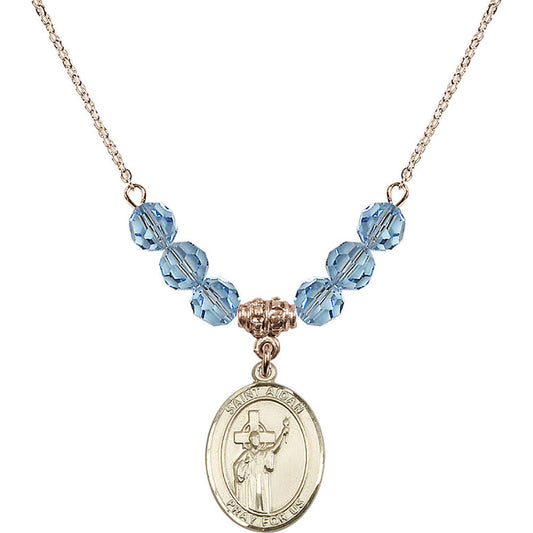 14kt Gold Filled Saint Aidan of Lindesfarne Birthstone Necklace with Aqua Beads - 8381