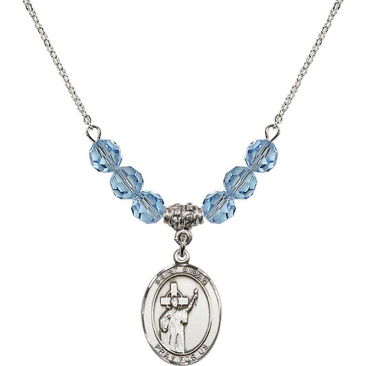 Sterling Silver Saint Aidan of Lindesfarne Birthstone Necklace with Aqua Beads - 8381