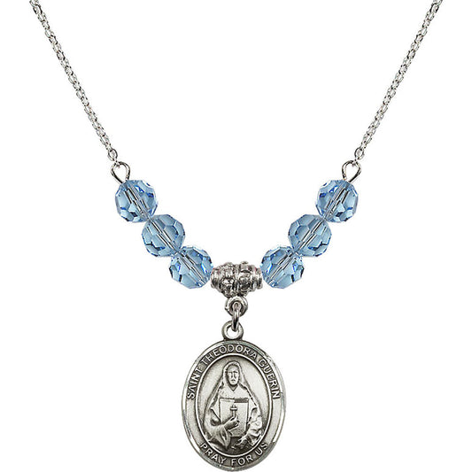Sterling Silver Saint Theodora Birthstone Necklace with Aqua Beads - 8382
