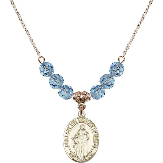 14kt Gold Filled Our Lady the Undoer of Knots Birthstone Necklace with Aqua Beads - 8383