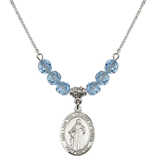 Sterling Silver Our Lady the Undoer of Knots Birthstone Necklace with Aqua Beads - 8383