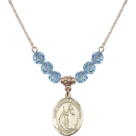 14kt Gold Filled Saint Raymond of Penafort Birthstone Necklace with Aqua Beads - 8385