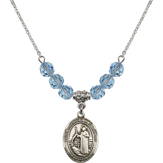 Sterling Silver Saint Raymond of Penafort Birthstone Necklace with Aqua Beads - 8385