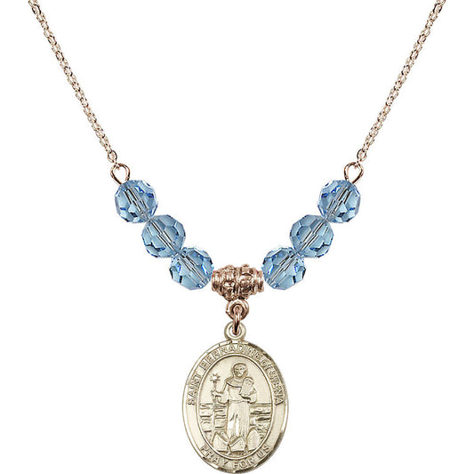 14kt Gold Filled Saint Bernadine of Sienna Birthstone Necklace with Aqua Beads - 8387