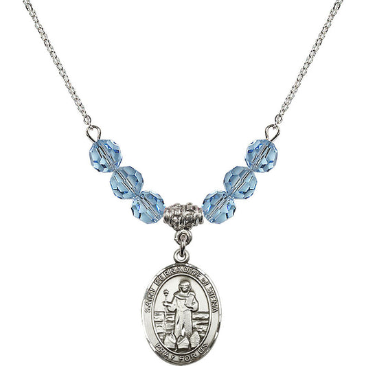 Sterling Silver Saint Bernadine of Sienna Birthstone Necklace with Aqua Beads - 8387