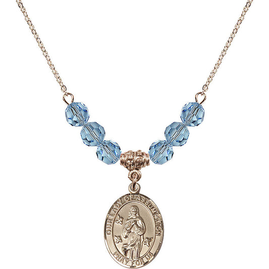14kt Gold Filled Our Lady of Assumption Birthstone Necklace with Aqua Beads - 8388
