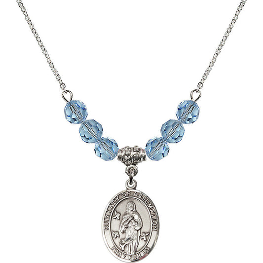 Sterling Silver Our Lady of Assumption Birthstone Necklace with Aqua Beads - 8388