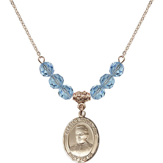 14kt Gold Filled Blessed Miguel Pro Birthstone Necklace with Aqua Beads - 8389