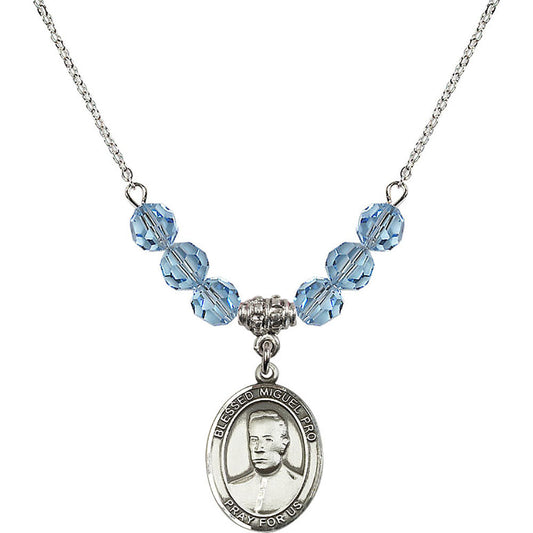 Sterling Silver Blessed Miguel Pro Birthstone Necklace with Aqua Beads - 8389