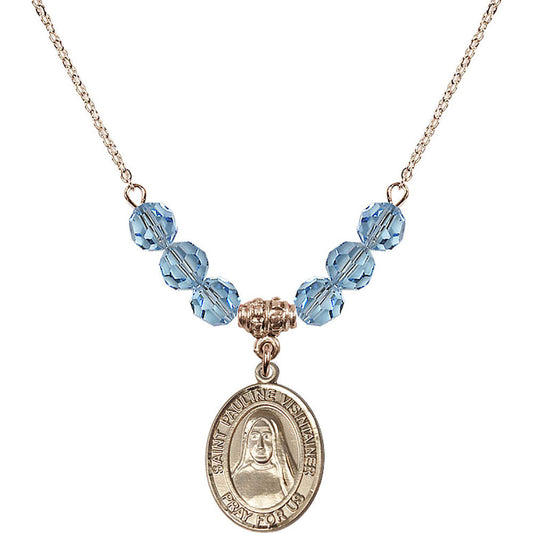 14kt Gold Filled Saint Pauline Visintainer Birthstone Necklace with Aqua Beads - 8391