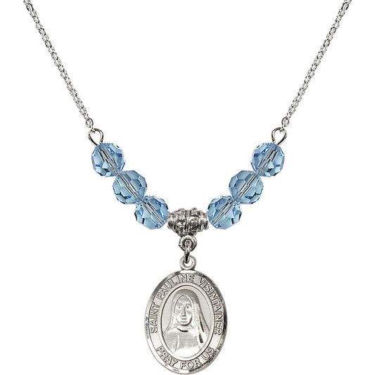 Sterling Silver Saint Pauline Visintainer Birthstone Necklace with Aqua Beads - 8391