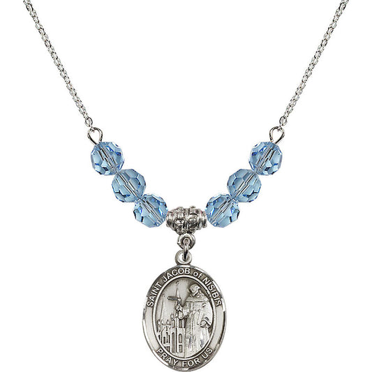 Sterling Silver Saint Jacob of Nisibis Birthstone Necklace with Aqua Beads - 8392