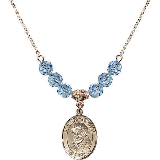 14kt Gold Filled Saint Peter Canisius Birthstone Necklace with Aqua Beads - 8393