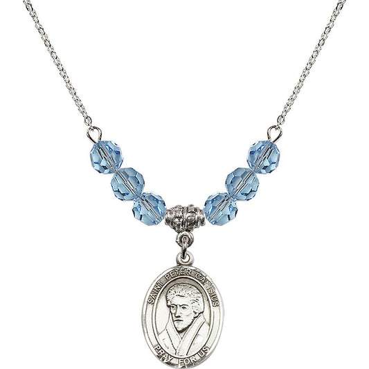 Sterling Silver Saint Peter Canisius Birthstone Necklace with Aqua Beads - 8393