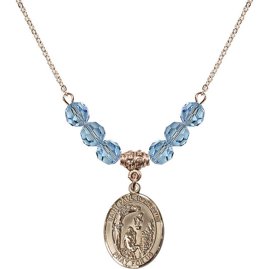 14kt Gold Filled Saint Paul the Hermit Birthstone Necklace with Aqua Beads - 8394