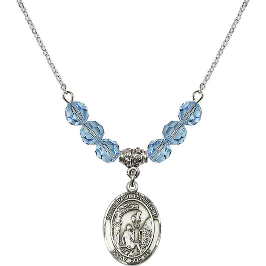 Sterling Silver Saint Paul the Hermit Birthstone Necklace with Aqua Beads - 8394