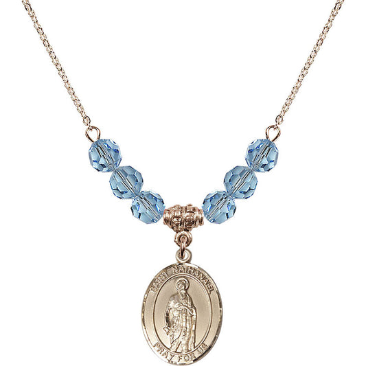 14kt Gold Filled Saint Nathanael Birthstone Necklace with Aqua Beads - 8398