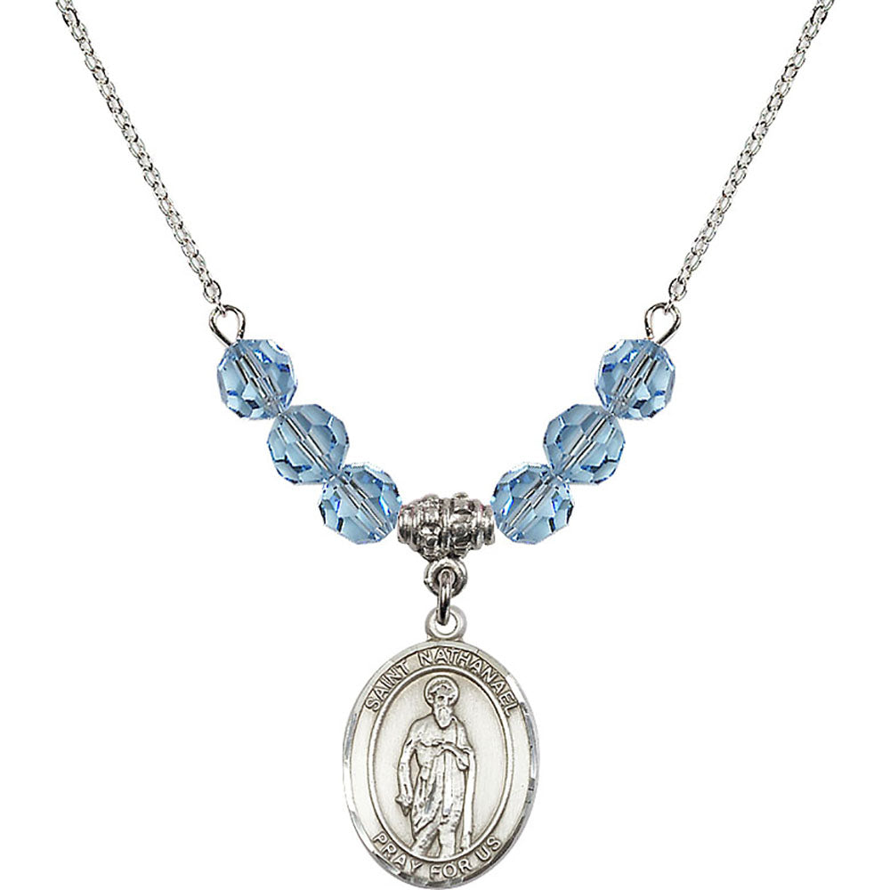 Sterling Silver Saint Nathanael Birthstone Necklace with Aqua Beads - 8398