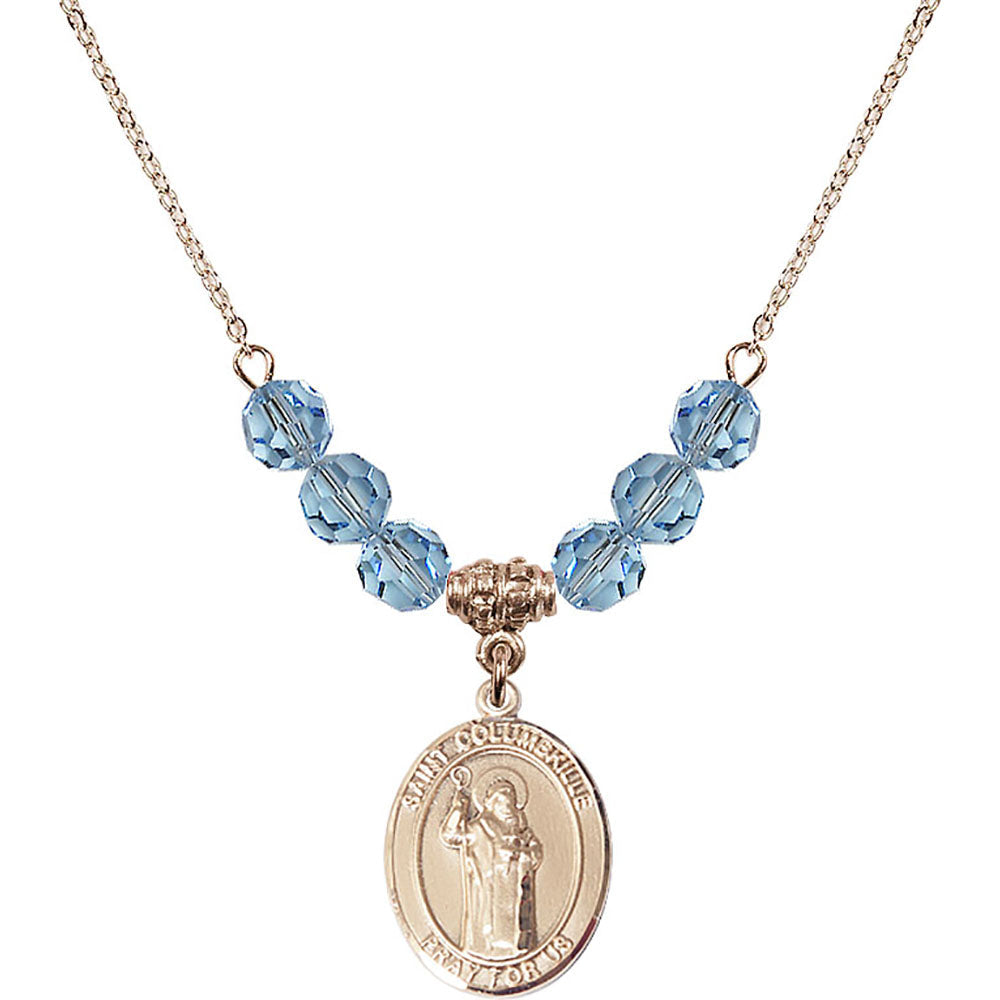 14kt Gold Filled Saint Columbkille Birthstone Necklace with Aqua Beads - 8399