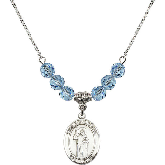 Sterling Silver Saint Columbkille Birthstone Necklace with Aqua Beads - 8399