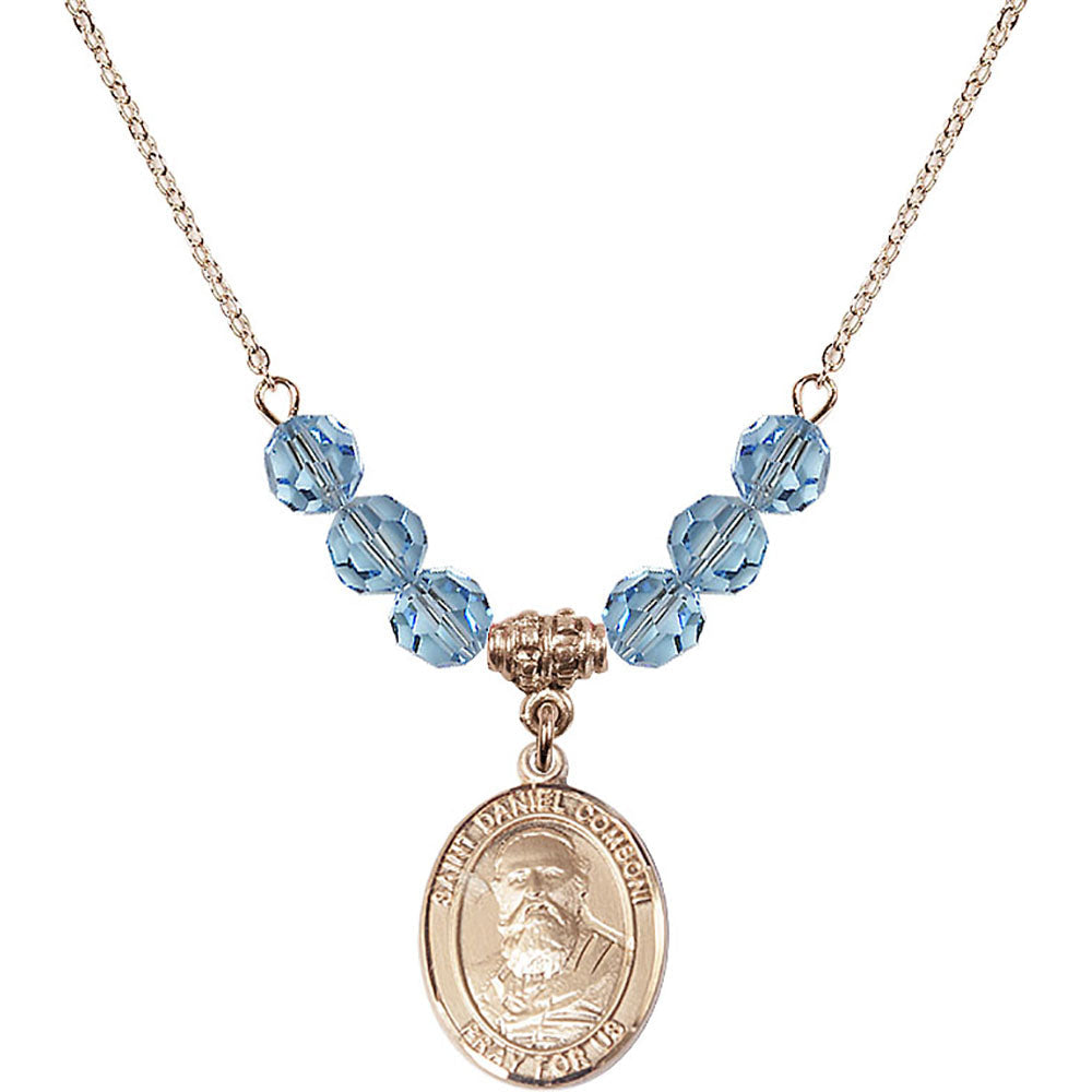 14kt Gold Filled Saint Daniel Comboni Birthstone Necklace with Aqua Beads - 8400