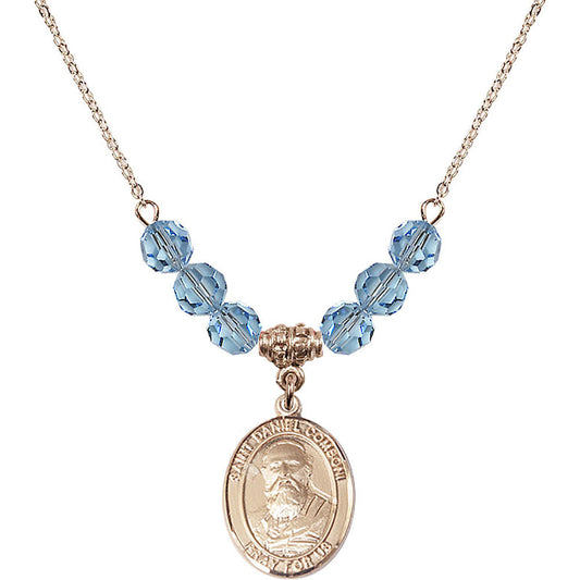 14kt Gold Filled Saint Daniel Comboni Birthstone Necklace with Aqua Beads - 8400