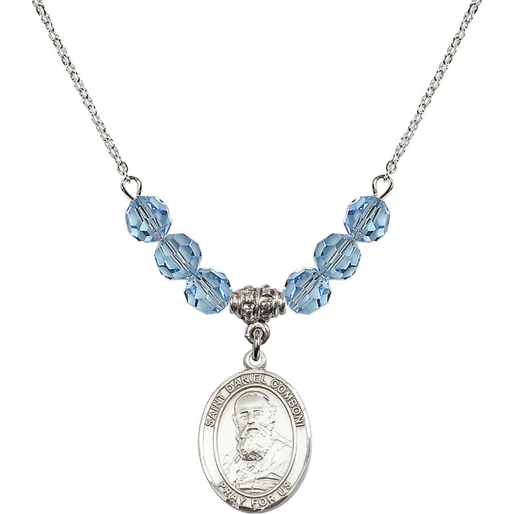 Sterling Silver Saint Daniel Comboni Birthstone Necklace with Aqua Beads - 8400