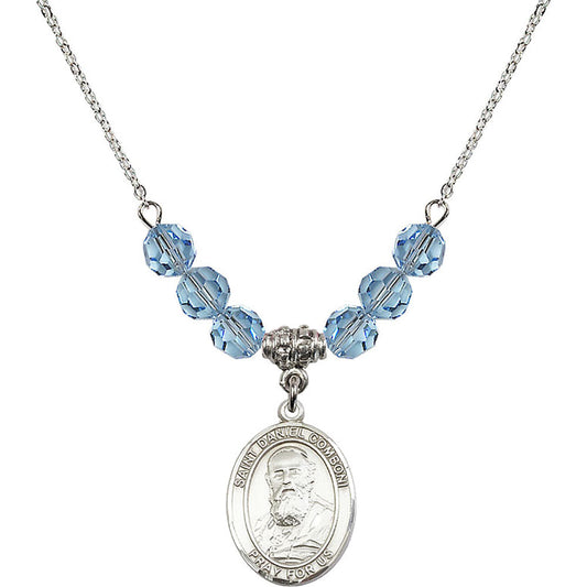 Sterling Silver Saint Daniel Comboni Birthstone Necklace with Aqua Beads - 8400