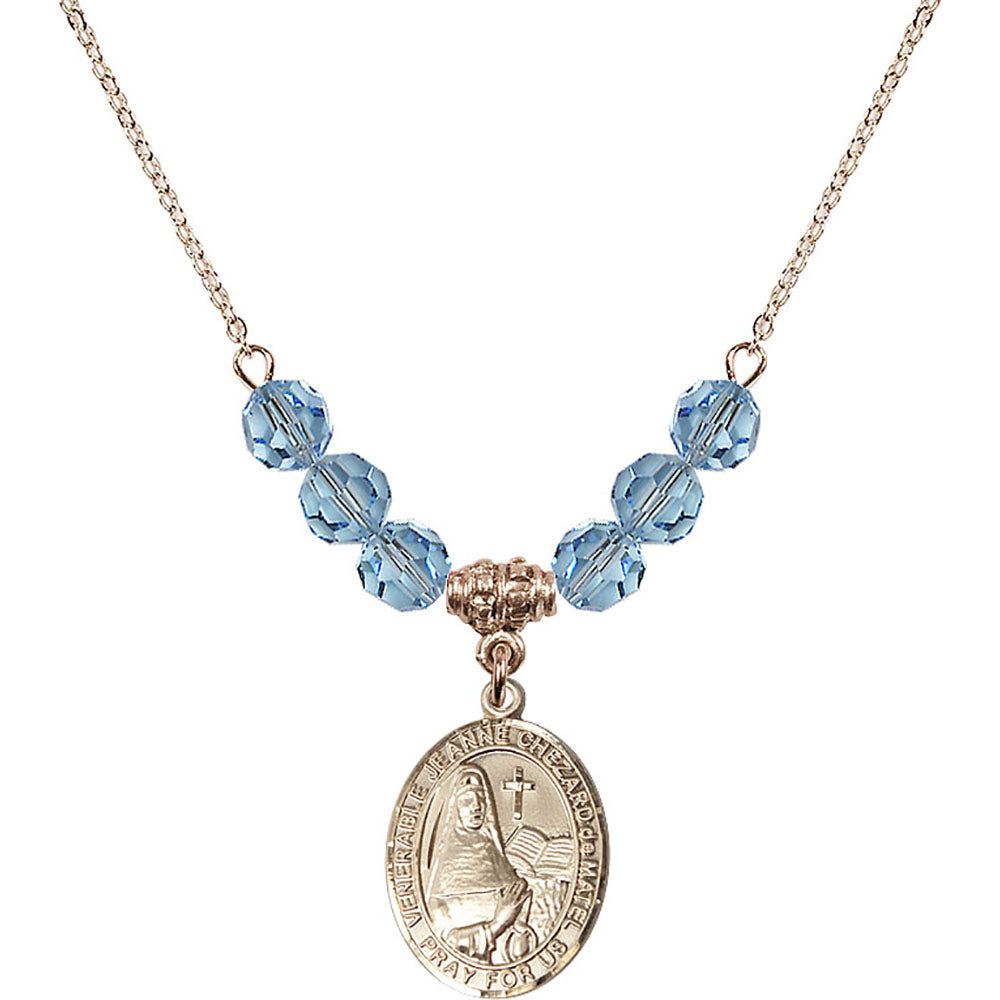 14kt Gold Filled Saint Jeanne Chezard de Matel Birthstone Necklace with Aqua Beads - 8401