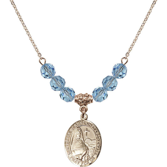14kt Gold Filled Saint Jeanne Chezard de Matel Birthstone Necklace with Aqua Beads - 8401